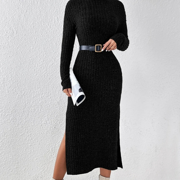 Turtleneck Split Thigh Dress With Sleeves Without Belt - Picture 1 of 5